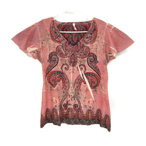 Kiara Womens Tshirt Pink Multicolor Paisley Short Sleeve V Neck Bling Pullover L
